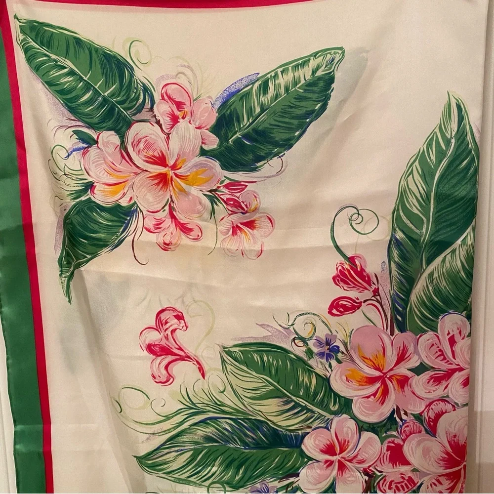 THE BERMUDA PERFUMERY AND GARDENS SCARF WHITE PINK GREEN FLORAL SILK SQUARE